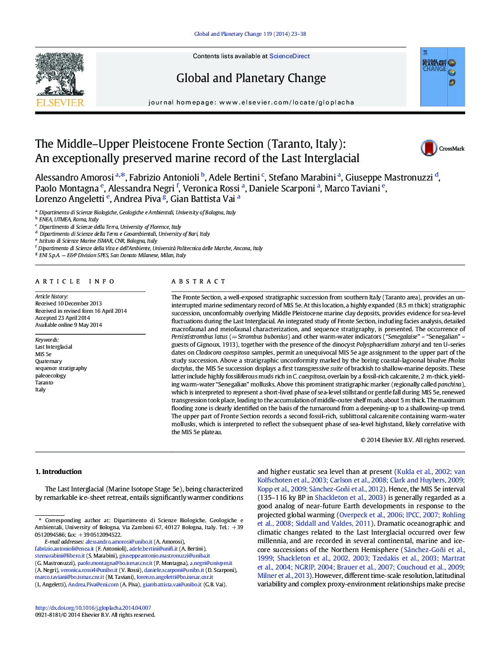 The Middle–Upper Pleistocene Fronte Section (Taranto, Italy): An exceptionally preserved marine record of the Last Interglacial