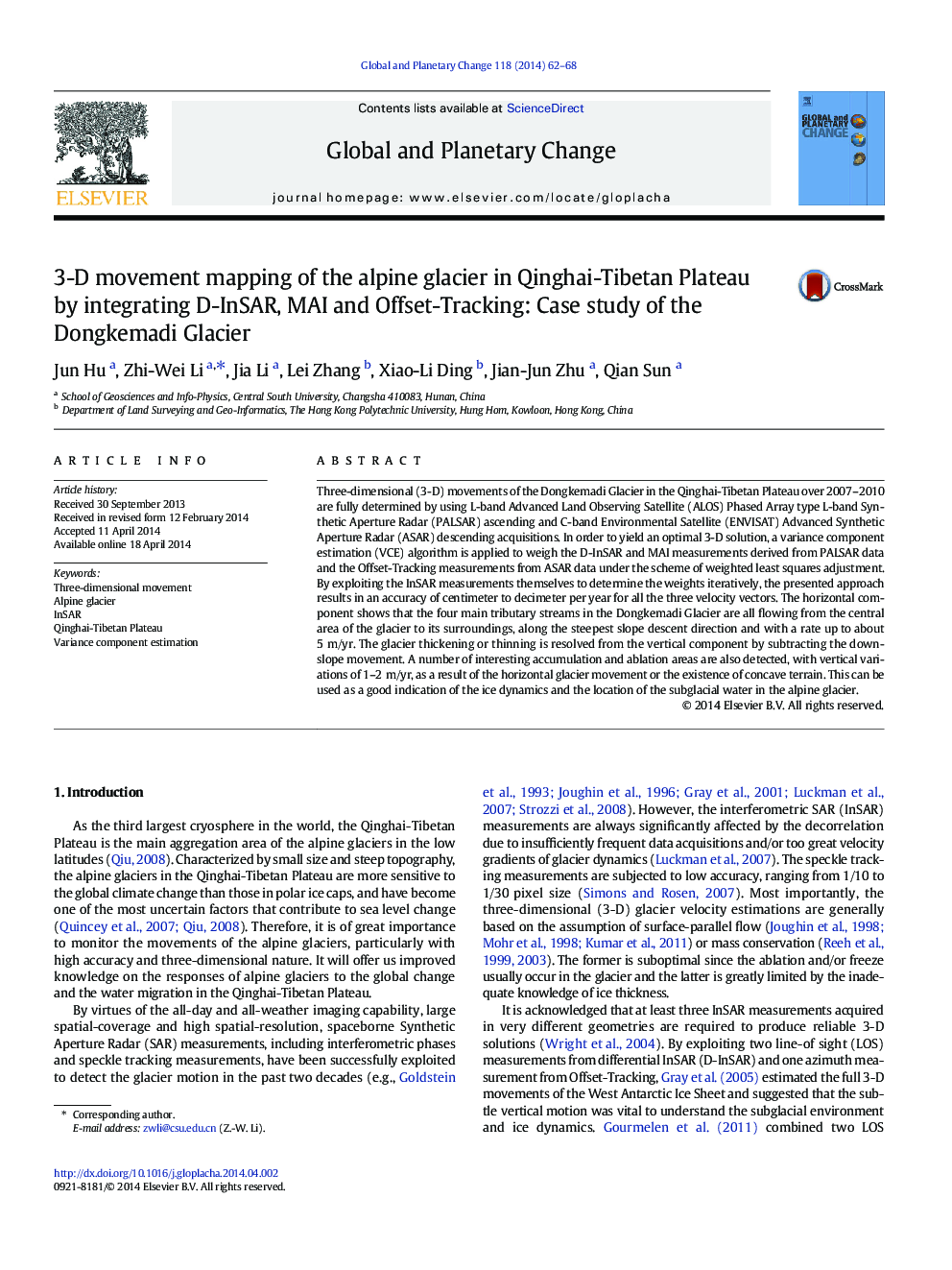 3-D movement mapping of the alpine glacier in Qinghai-Tibetan Plateau by integrating D-InSAR, MAI and Offset-Tracking: Case study of the Dongkemadi Glacier