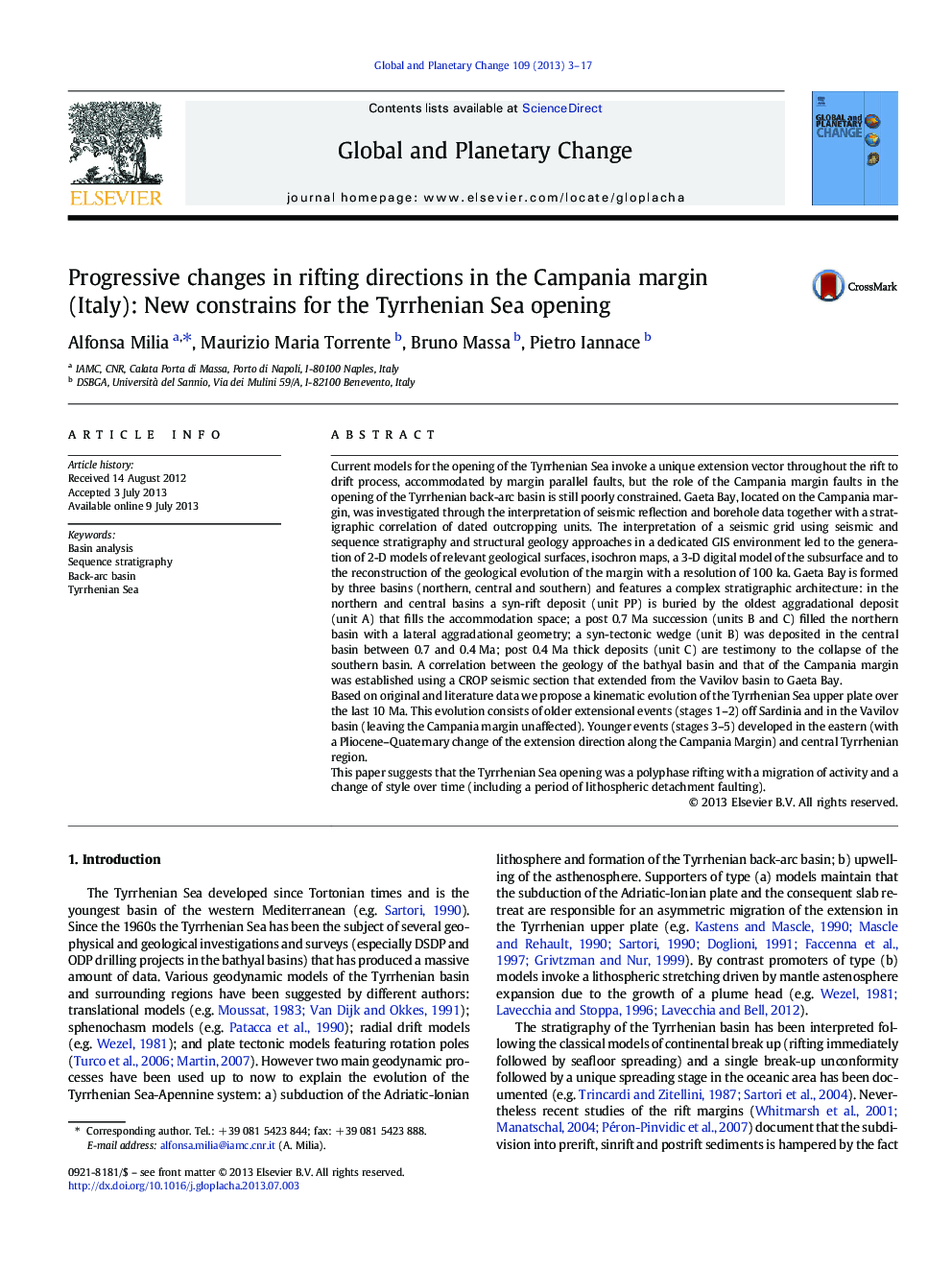 Progressive changes in rifting directions in the Campania margin (Italy): New constrains for the Tyrrhenian Sea opening