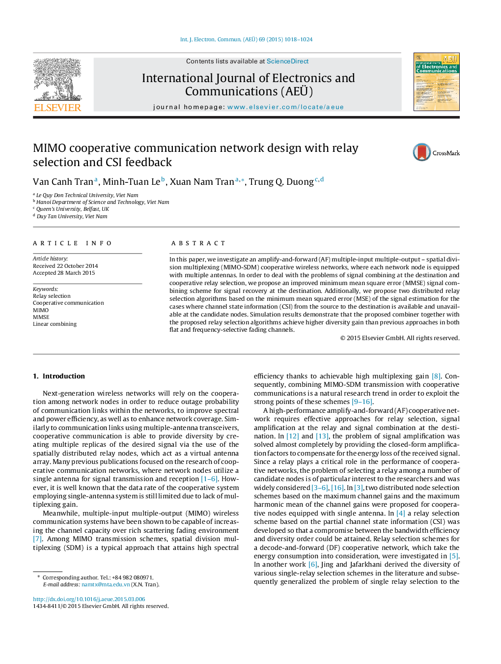 MIMO cooperative communication network design with relay selection and CSI feedback