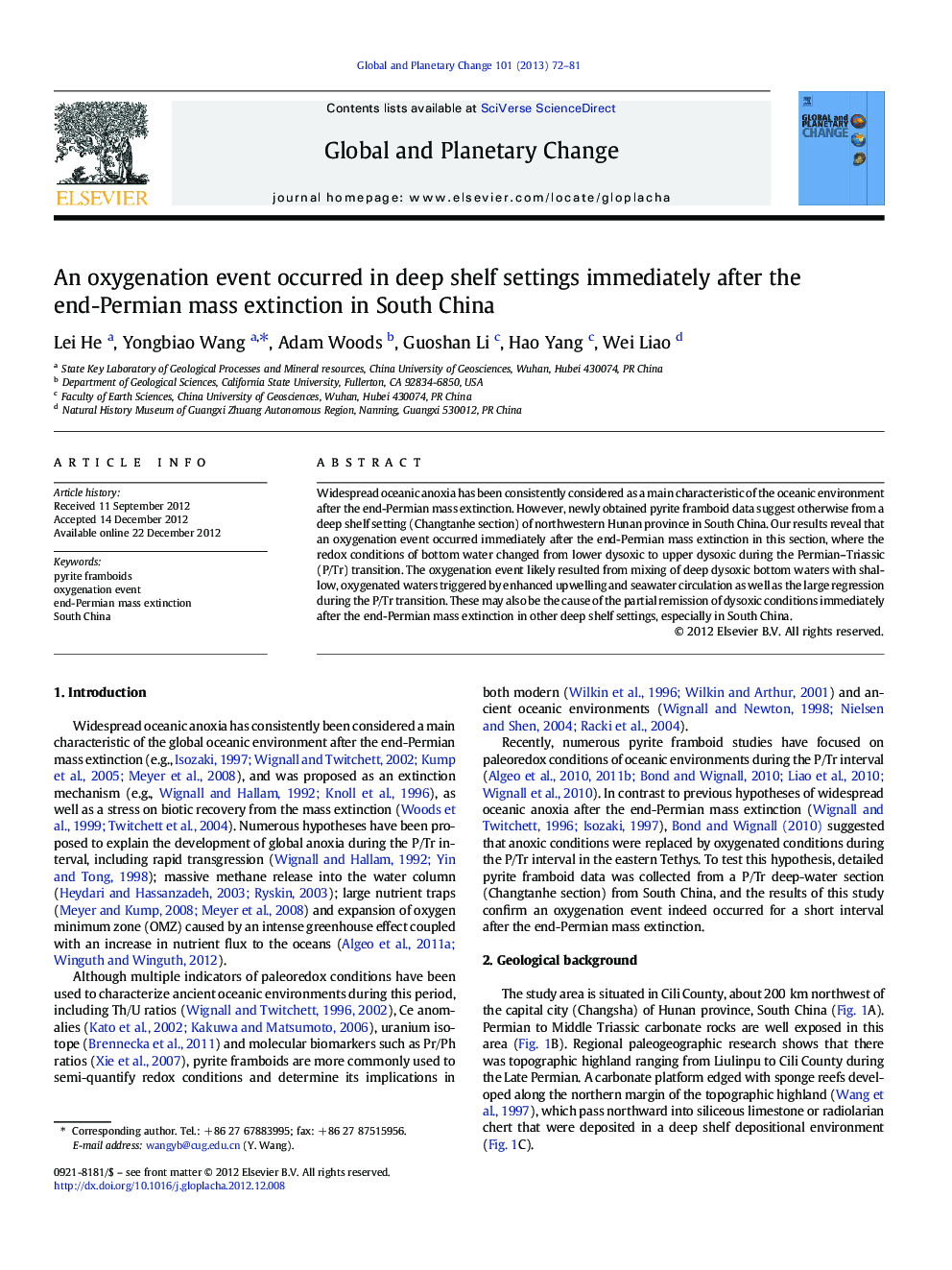 An oxygenation event occurred in deep shelf settings immediately after the end-Permian mass extinction in South China