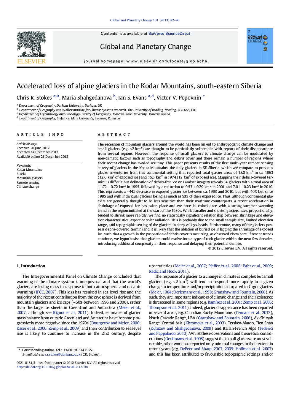 Accelerated loss of alpine glaciers in the Kodar Mountains, south-eastern Siberia