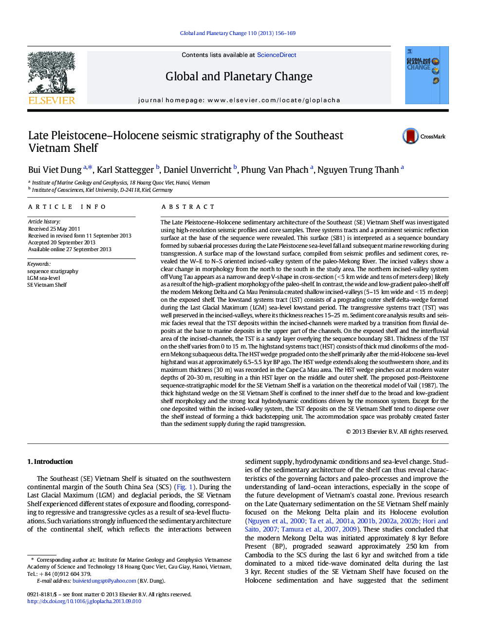 Late Pleistocene–Holocene seismic stratigraphy of the Southeast Vietnam Shelf