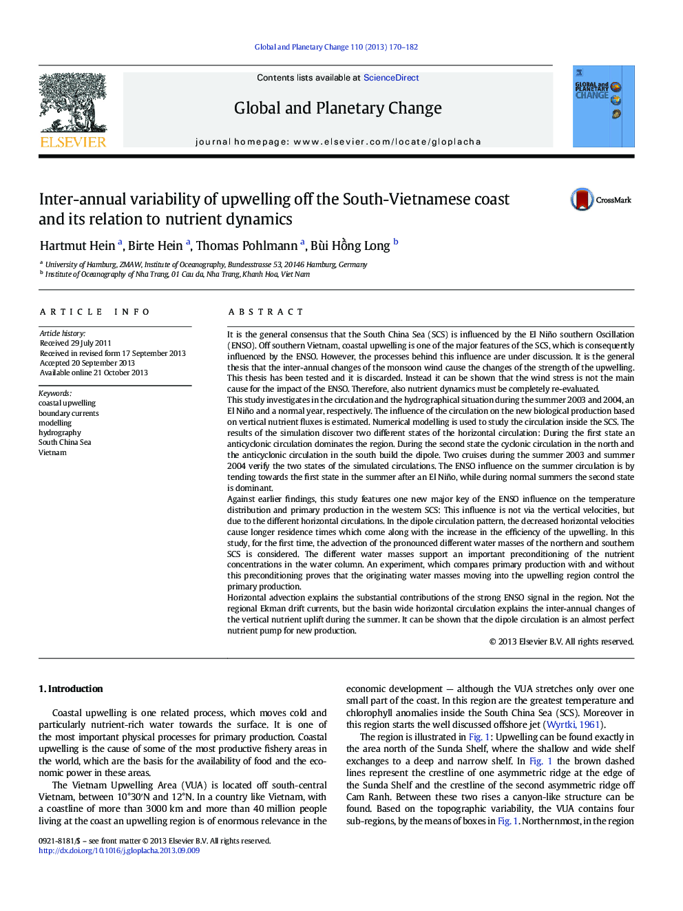 Inter-annual variability of upwelling off the South-Vietnamese coast and its relation to nutrient dynamics