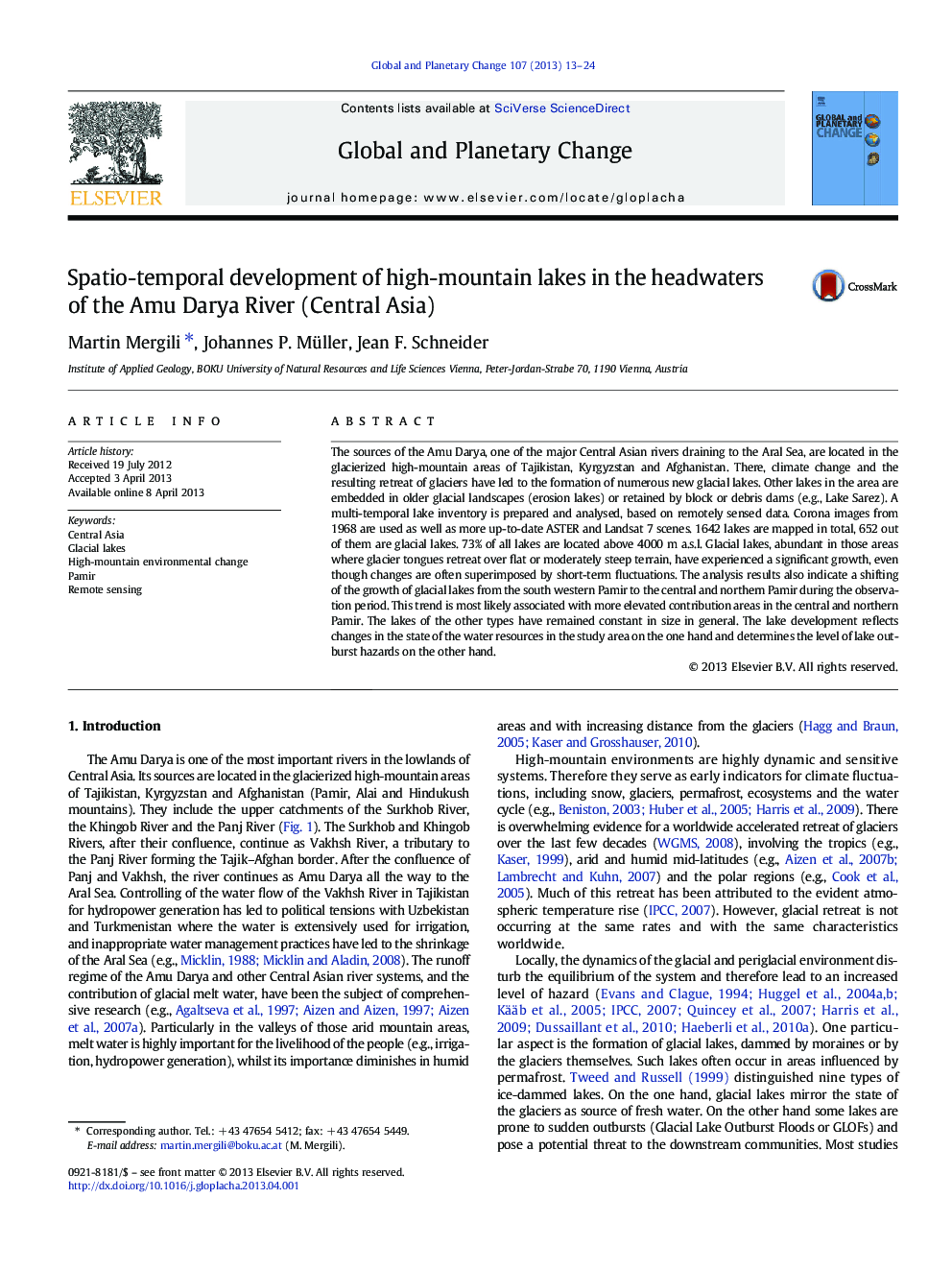 Spatio-temporal development of high-mountain lakes in the headwaters of the Amu Darya River (Central Asia)