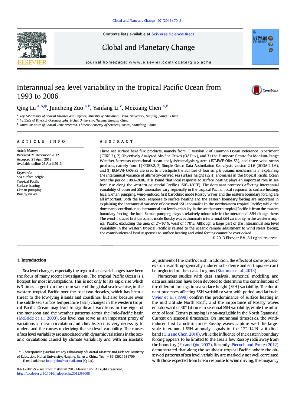 Interannual sea level variability in the tropical Pacific Ocean from 1993 to 2006