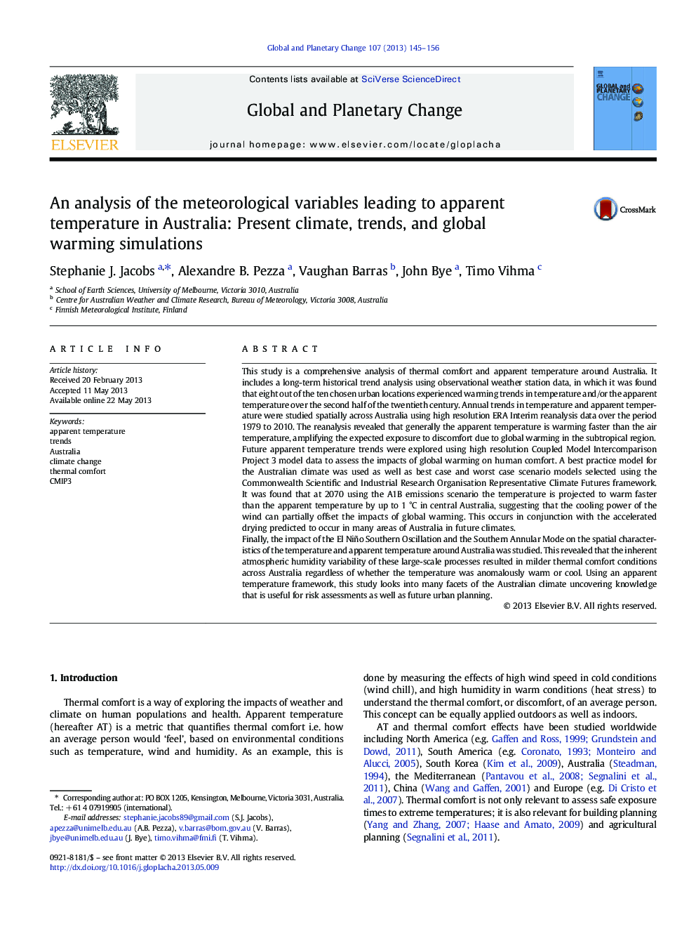 An analysis of the meteorological variables leading to apparent temperature in Australia: Present climate, trends, and global warming simulations