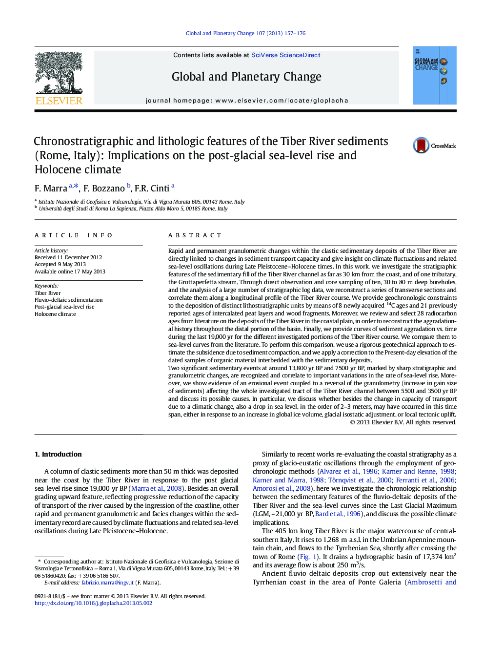 Chronostratigraphic and lithologic features of the Tiber River sediments (Rome, Italy): Implications on the post-glacial sea-level rise and Holocene climate