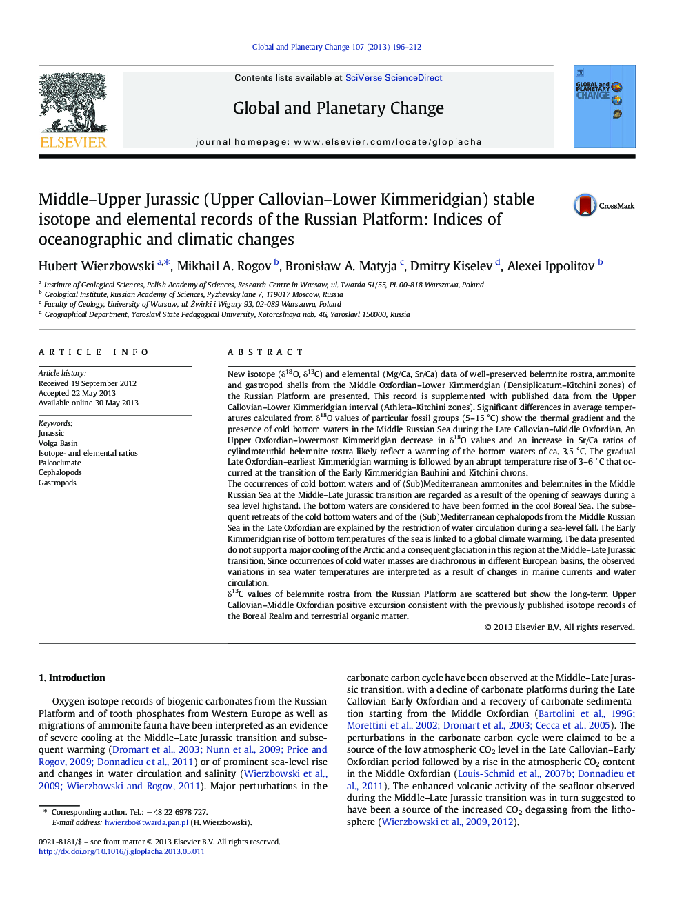 Middle–Upper Jurassic (Upper Callovian–Lower Kimmeridgian) stable isotope and elemental records of the Russian Platform: Indices of oceanographic and climatic changes