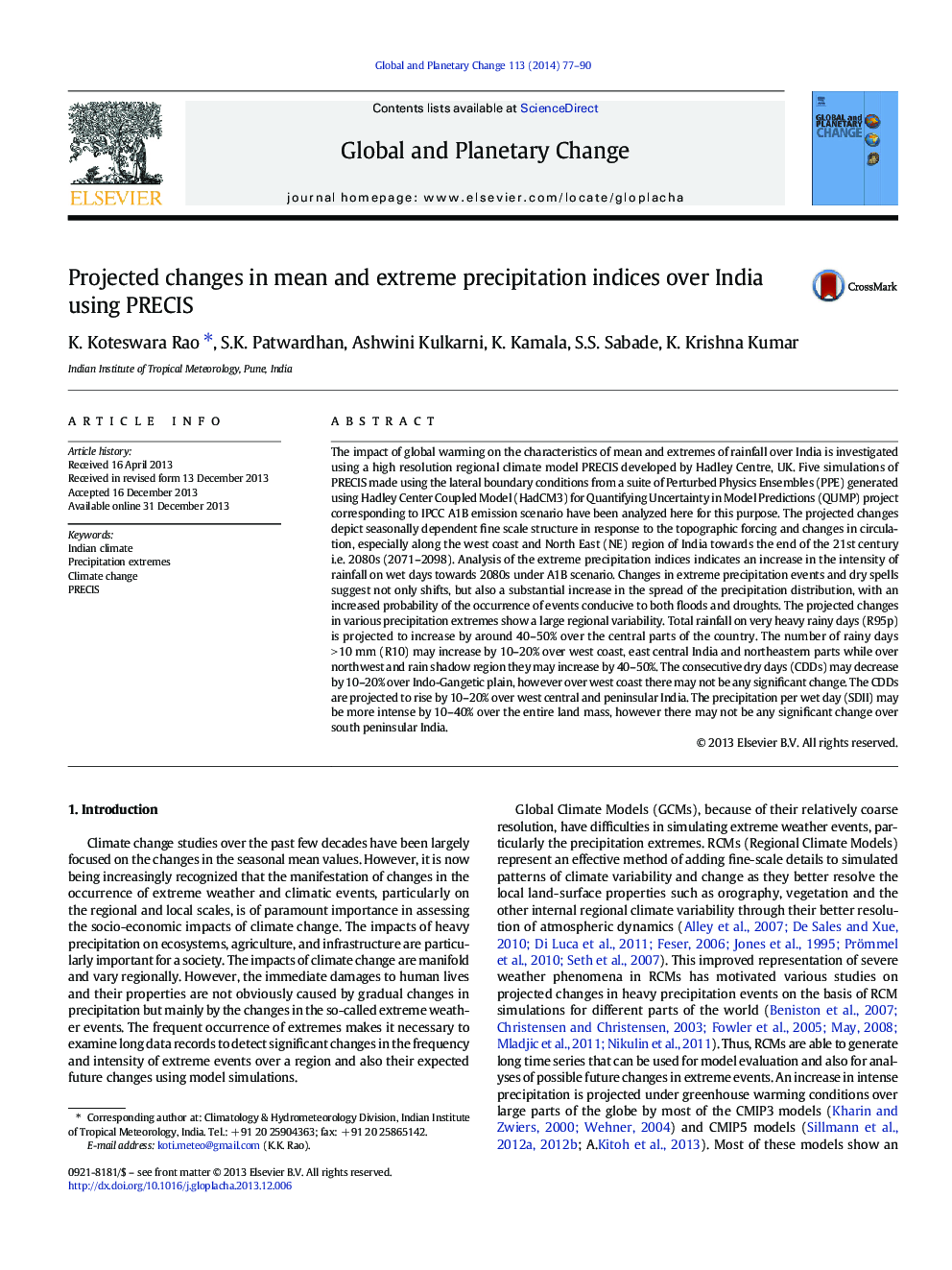 Projected changes in mean and extreme precipitation indices over India using PRECIS