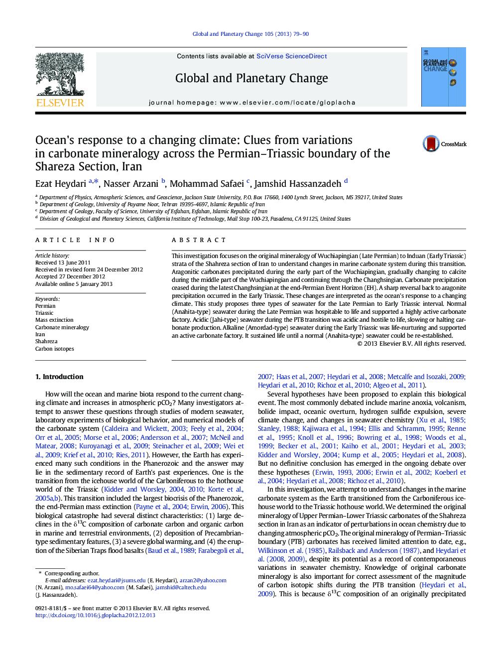 Ocean's response to a changing climate: Clues from variations in carbonate mineralogy across the Permian–Triassic boundary of the Shareza Section, Iran