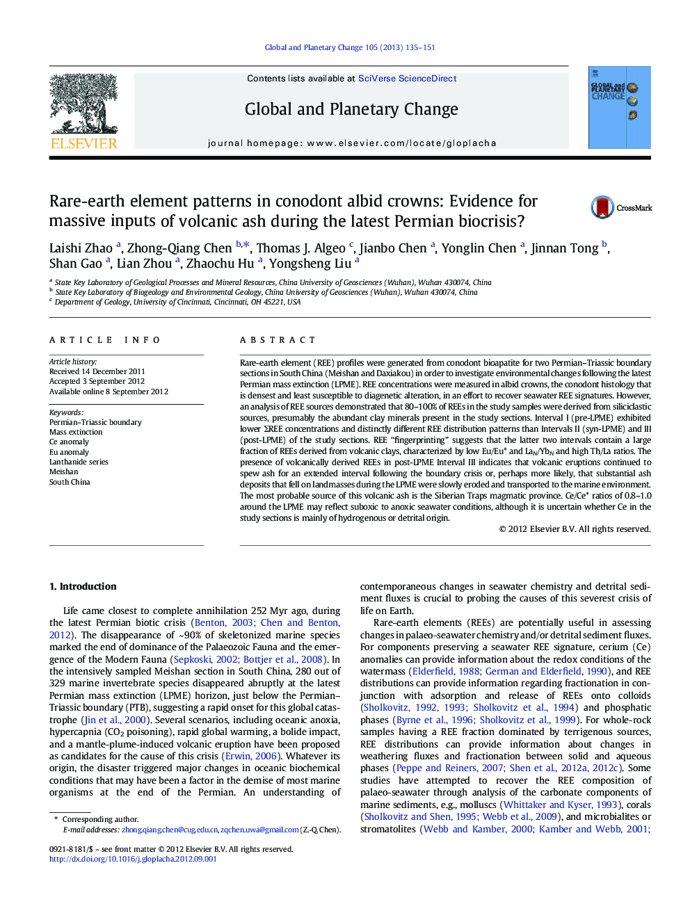 Rare-earth element patterns in conodont albid crowns: Evidence for massive inputs of volcanic ash during the latest Permian biocrisis?