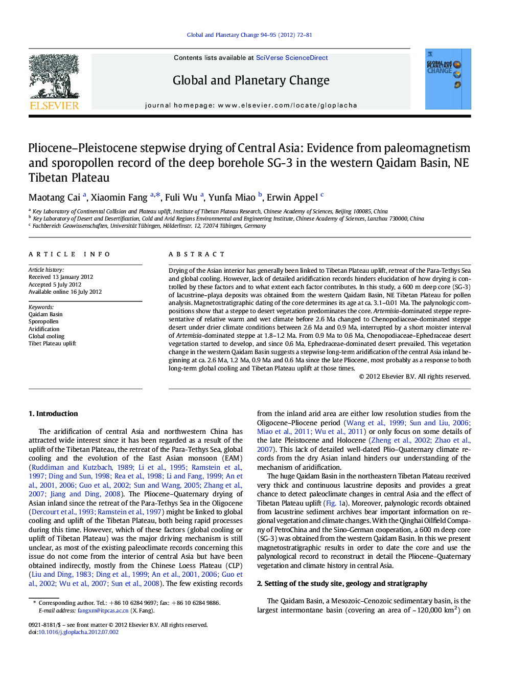 Pliocene–Pleistocene stepwise drying of Central Asia: Evidence from paleomagnetism and sporopollen record of the deep borehole SG-3 in the western Qaidam Basin, NE Tibetan Plateau