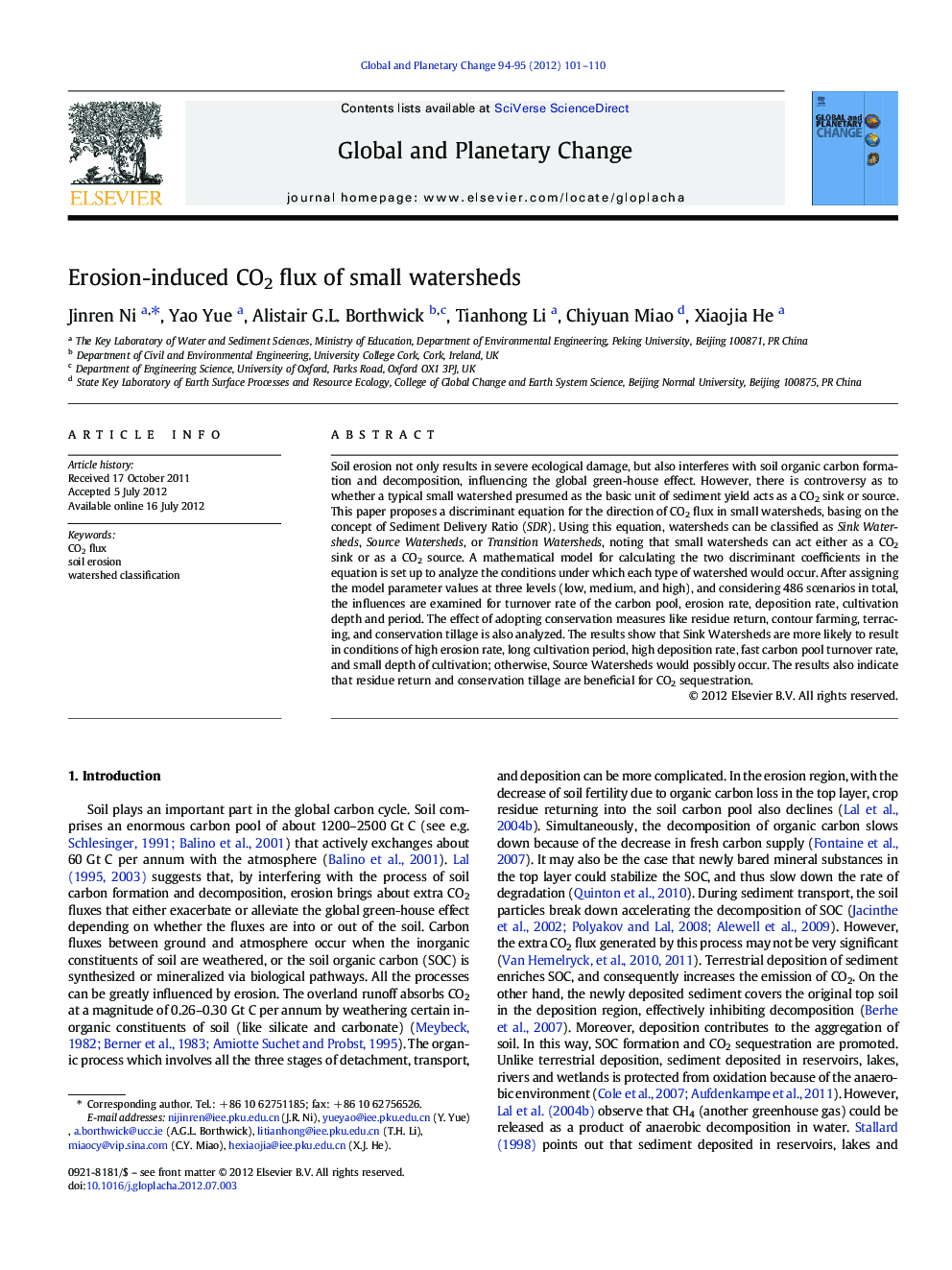 Erosion-induced CO2 flux of small watersheds