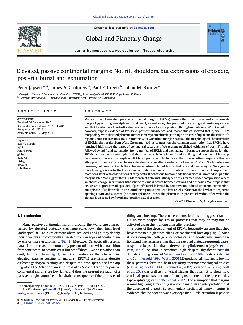 Elevated, passive continental margins: Not rift shoulders, but expressions of episodic, post-rift burial and exhumation