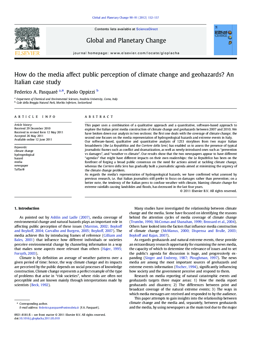 How do the media affect public perception of climate change and geohazards? An Italian case study