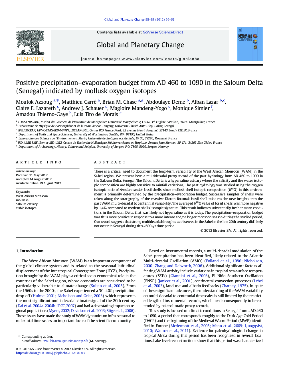 Positive precipitation–evaporation budget from AD 460 to 1090 in the Saloum Delta (Senegal) indicated by mollusk oxygen isotopes