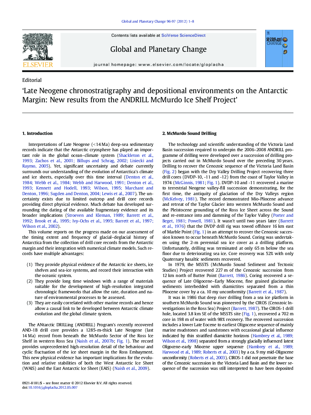 'Late Neogene chronostratigraphy and depositional environments on the Antarctic Margin: New results from the ANDRILL McMurdo Ice Shelf Project'