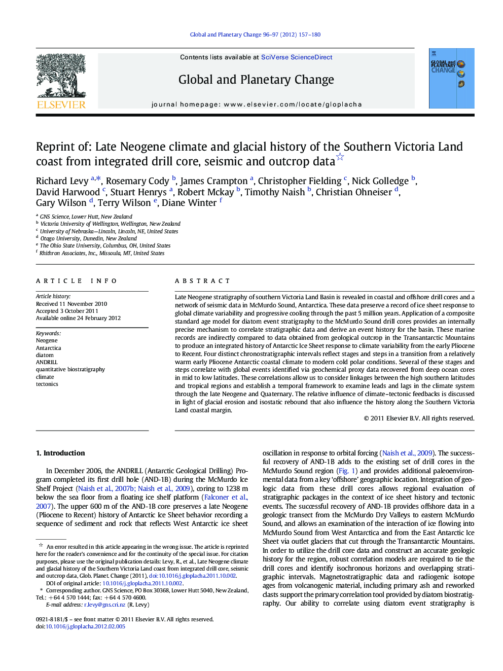 Reprint of: Late Neogene climate and glacial history of the Southern Victoria Land coast from integrated drill core, seismic and outcrop data 