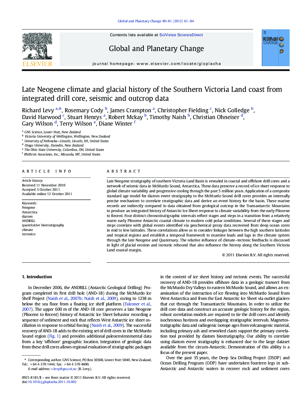 Late Neogene climate and glacial history of the Southern Victoria Land coast from integrated drill core, seismic and outcrop data