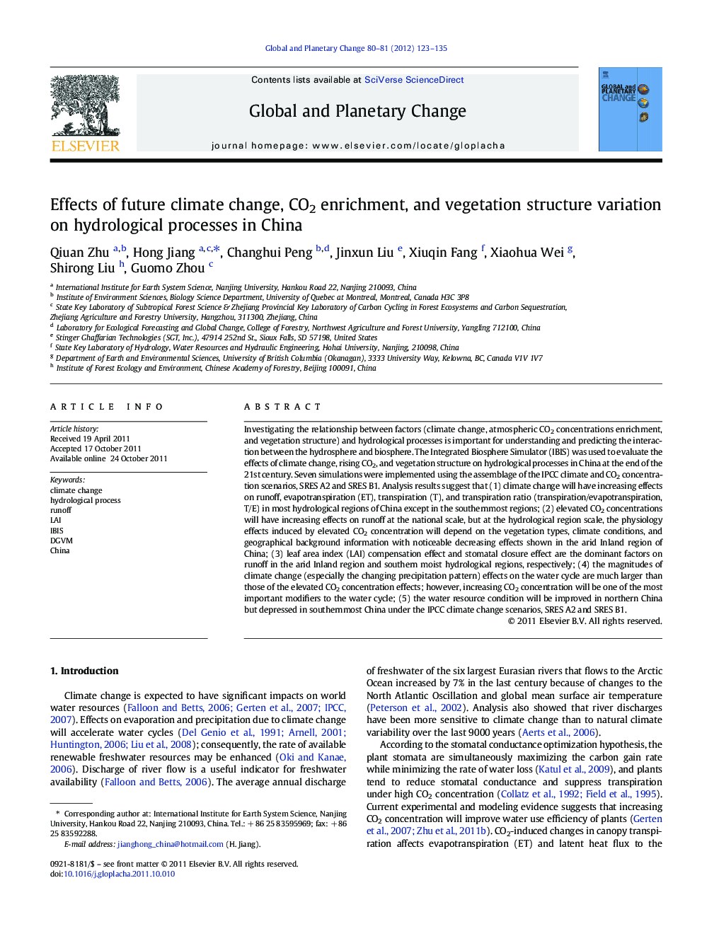 Effects of future climate change, CO2 enrichment, and vegetation structure variation on hydrological processes in China