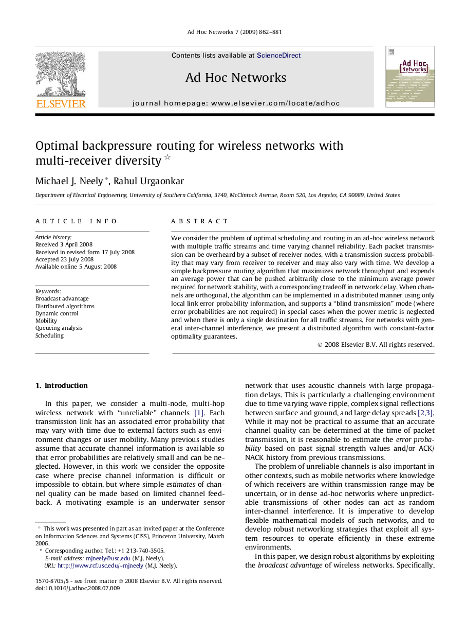 Optimal backpressure routing for wireless networks with multi-receiver diversity 