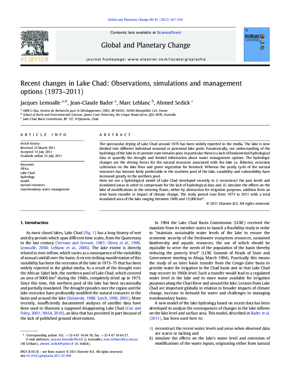 Recent changes in Lake Chad: Observations, simulations and management options (1973–2011)