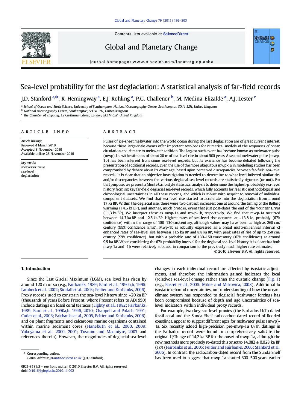 Sea-level probability for the last deglaciation: A statistical analysis of far-field records