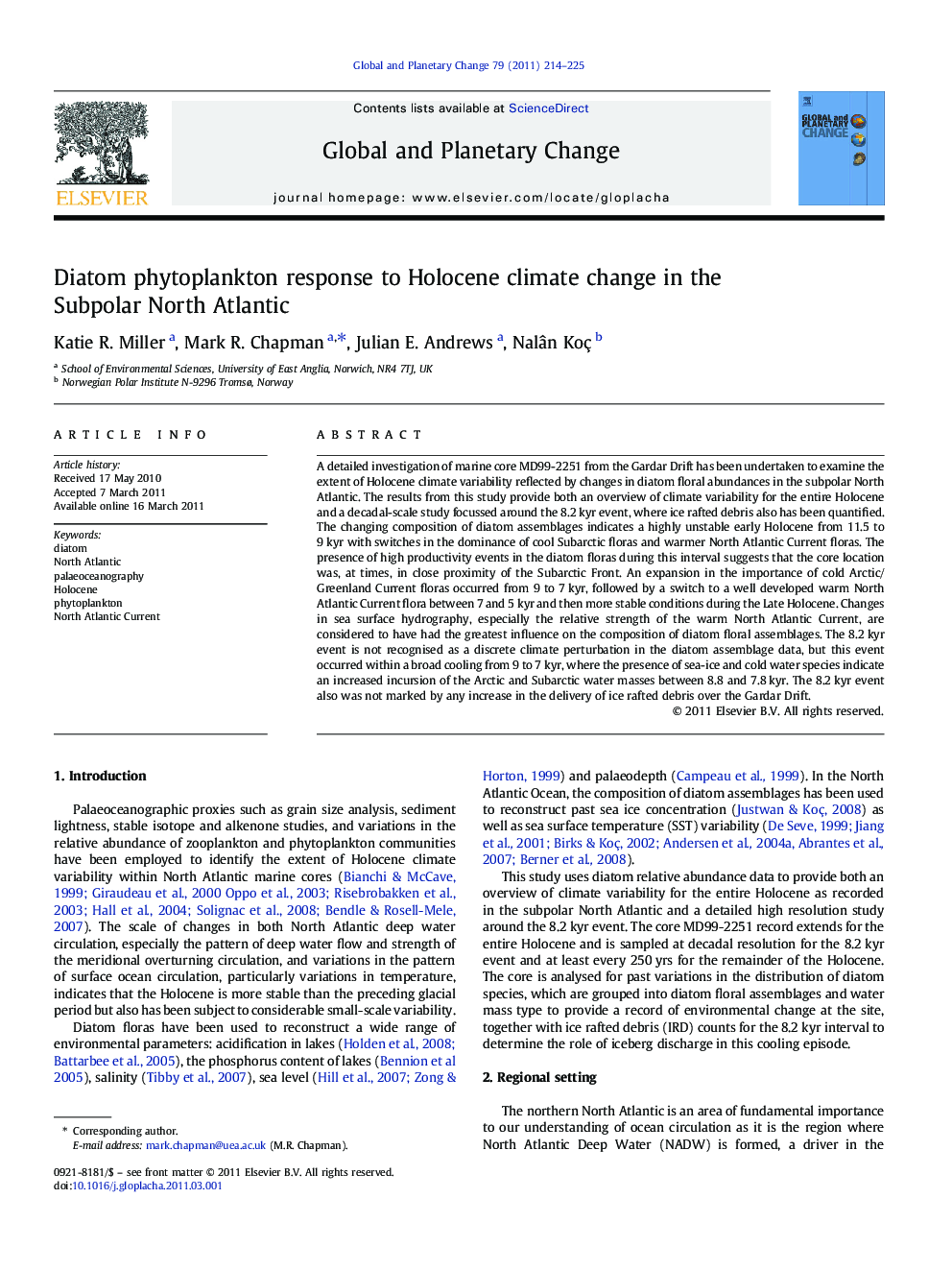 Diatom phytoplankton response to Holocene climate change in the Subpolar North Atlantic