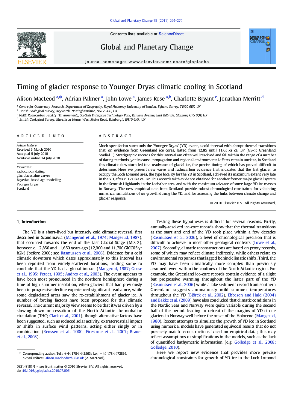 Timing of glacier response to Younger Dryas climatic cooling in Scotland