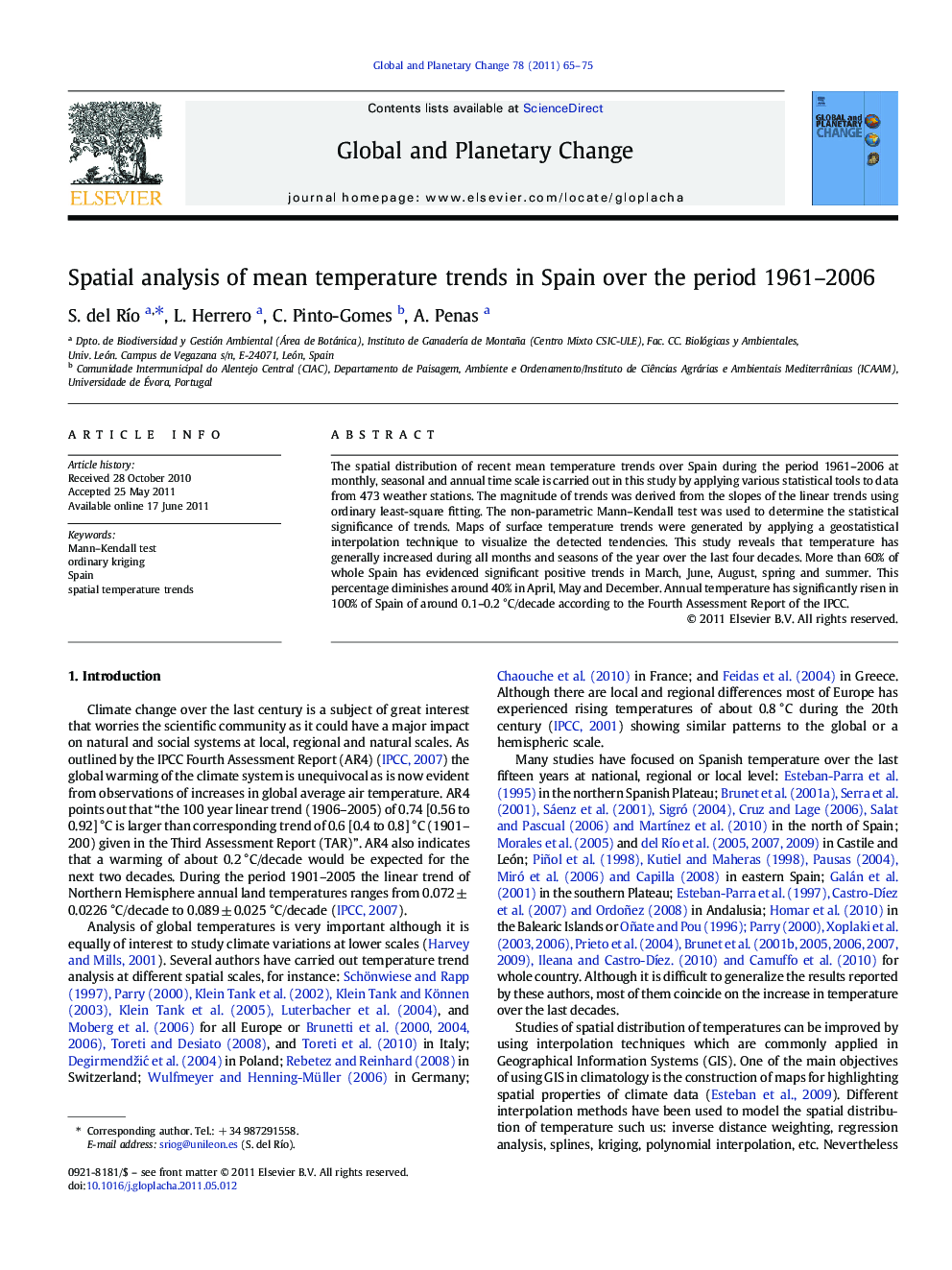 Spatial analysis of mean temperature trends in Spain over the period 1961–2006