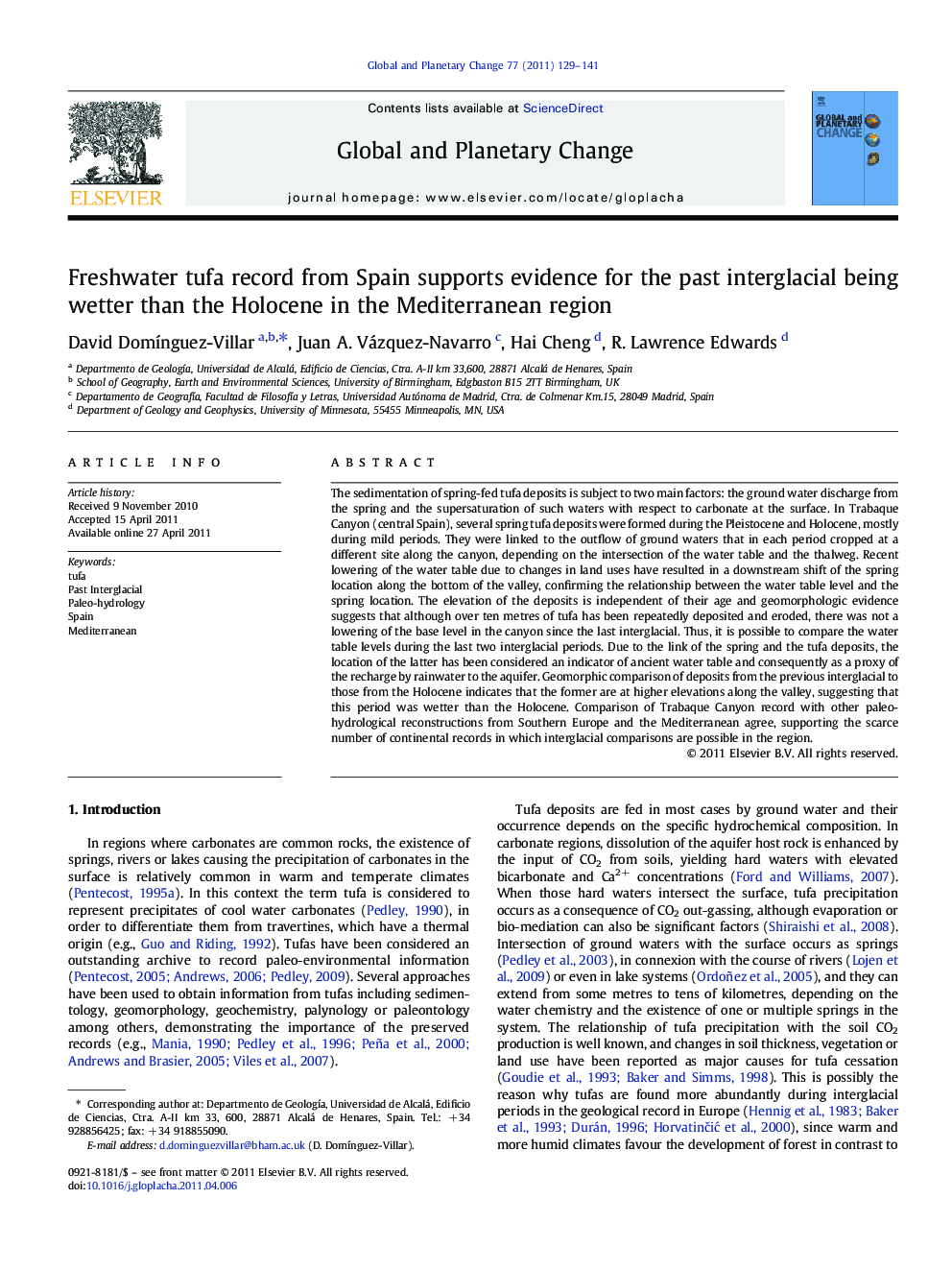 Freshwater tufa record from Spain supports evidence for the past interglacial being wetter than the Holocene in the Mediterranean region