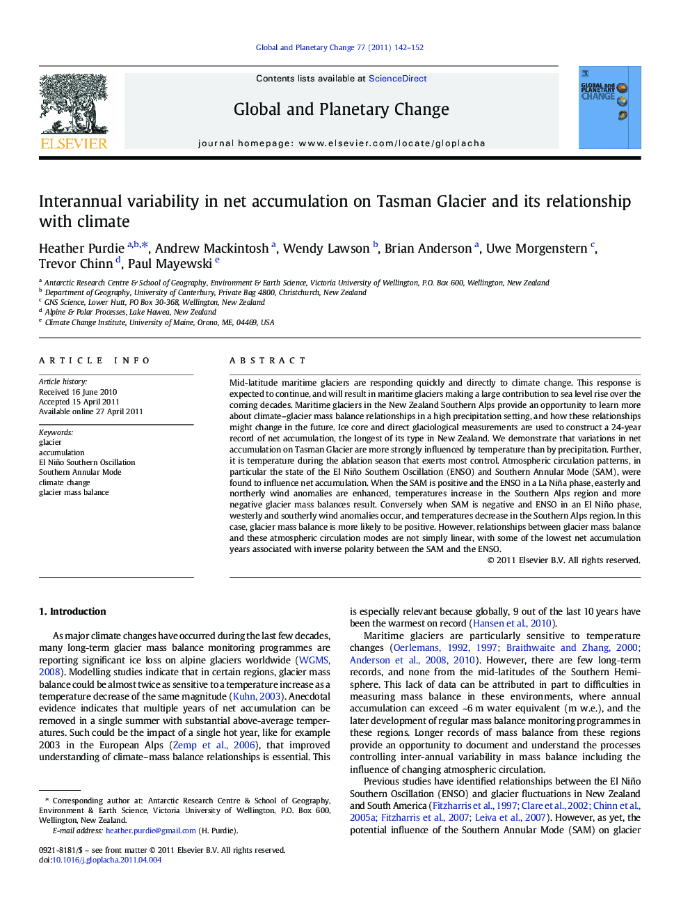 Interannual variability in net accumulation on Tasman Glacier and its relationship with climate