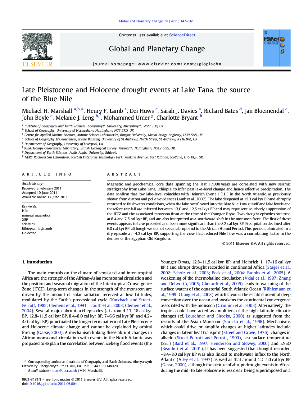 Late Pleistocene and Holocene drought events at Lake Tana, the source of the Blue Nile