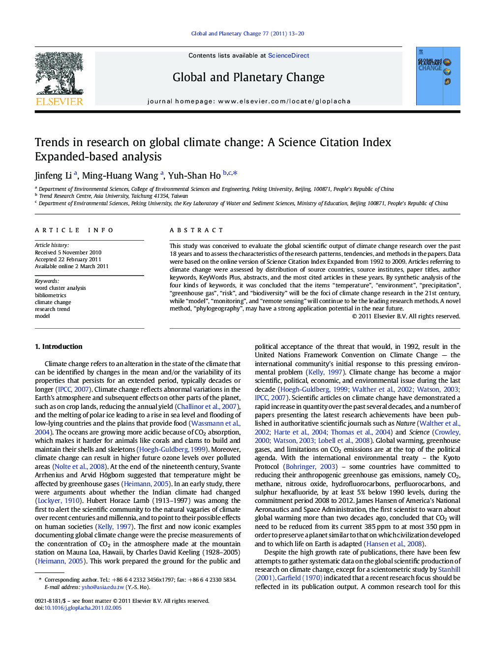 Trends in research on global climate change: A Science Citation Index Expanded-based analysis