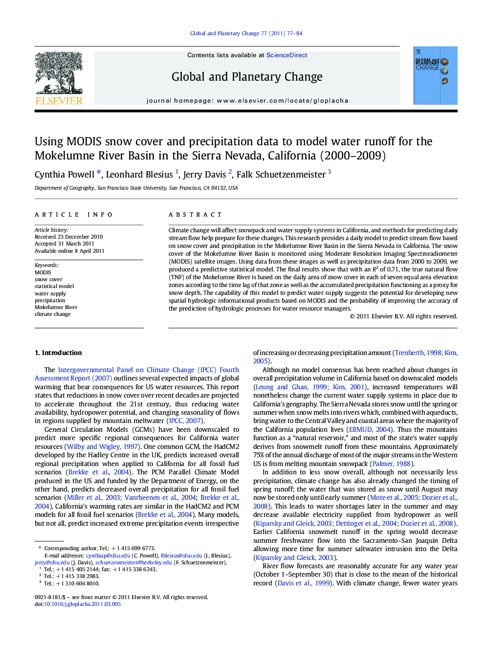 Using MODIS snow cover and precipitation data to model water runoff for the Mokelumne River Basin in the Sierra Nevada, California (2000–2009)