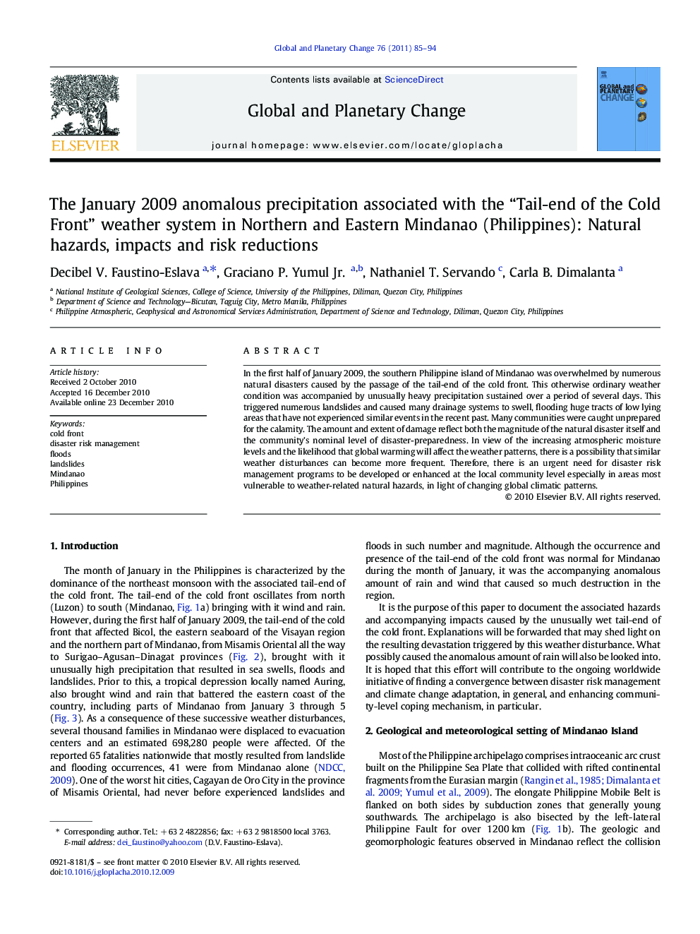 The January 2009 anomalous precipitation associated with the “Tail-end of the Cold Front” weather system in Northern and Eastern Mindanao (Philippines): Natural hazards, impacts and risk reductions