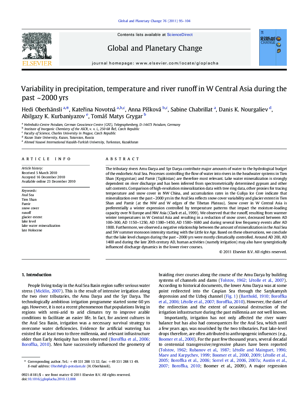 Variability in precipitation, temperature and river runoff in W Central Asia during the past ~ 2000 yrs