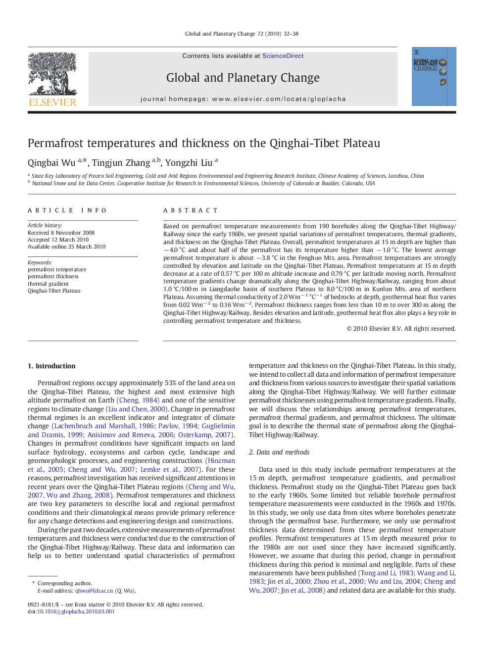 Permafrost temperatures and thickness on the Qinghai-Tibet Plateau