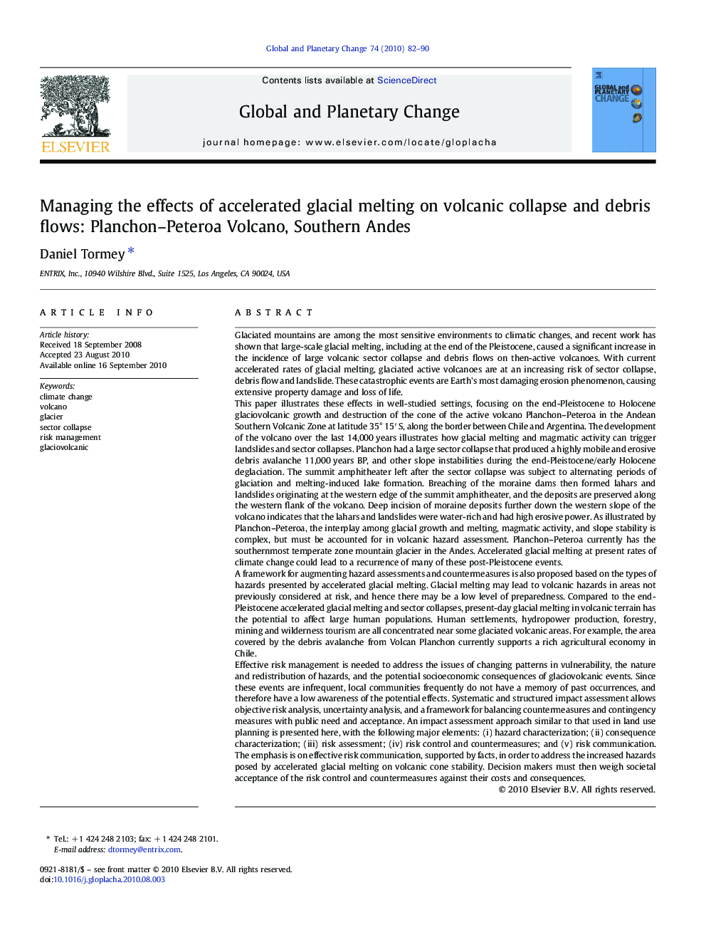 Managing the effects of accelerated glacial melting on volcanic collapse and debris flows: Planchon–Peteroa Volcano, Southern Andes