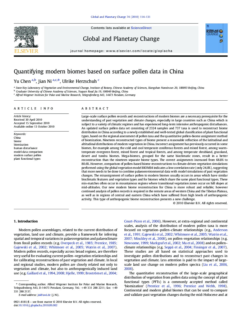 Quantifying modern biomes based on surface pollen data in China