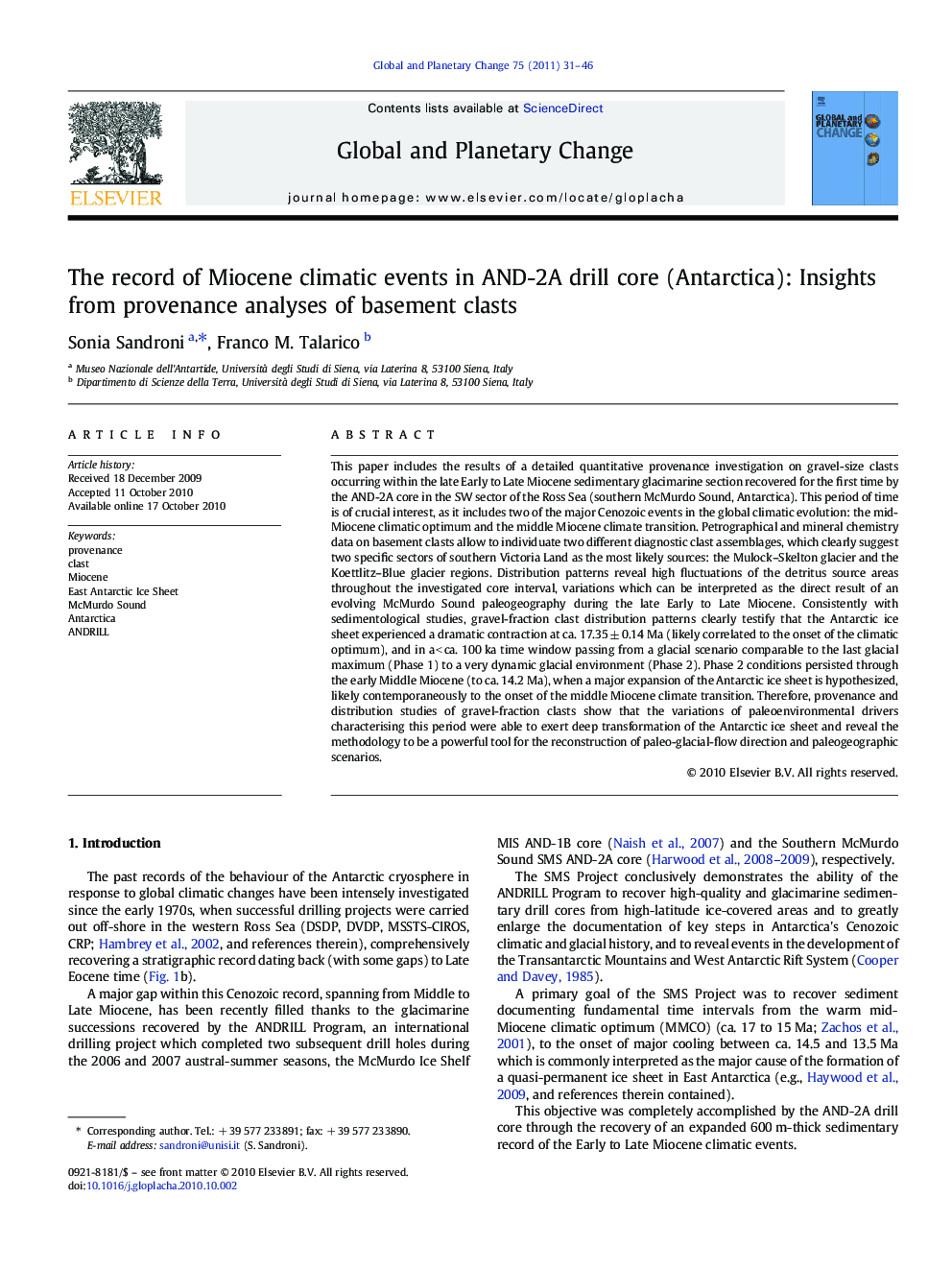 The record of Miocene climatic events in AND-2A drill core (Antarctica): Insights from provenance analyses of basement clasts