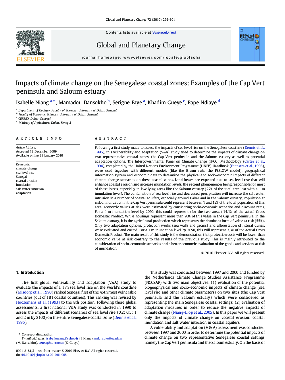 Impacts of climate change on the Senegalese coastal zones: Examples of the Cap Vert peninsula and Saloum estuary