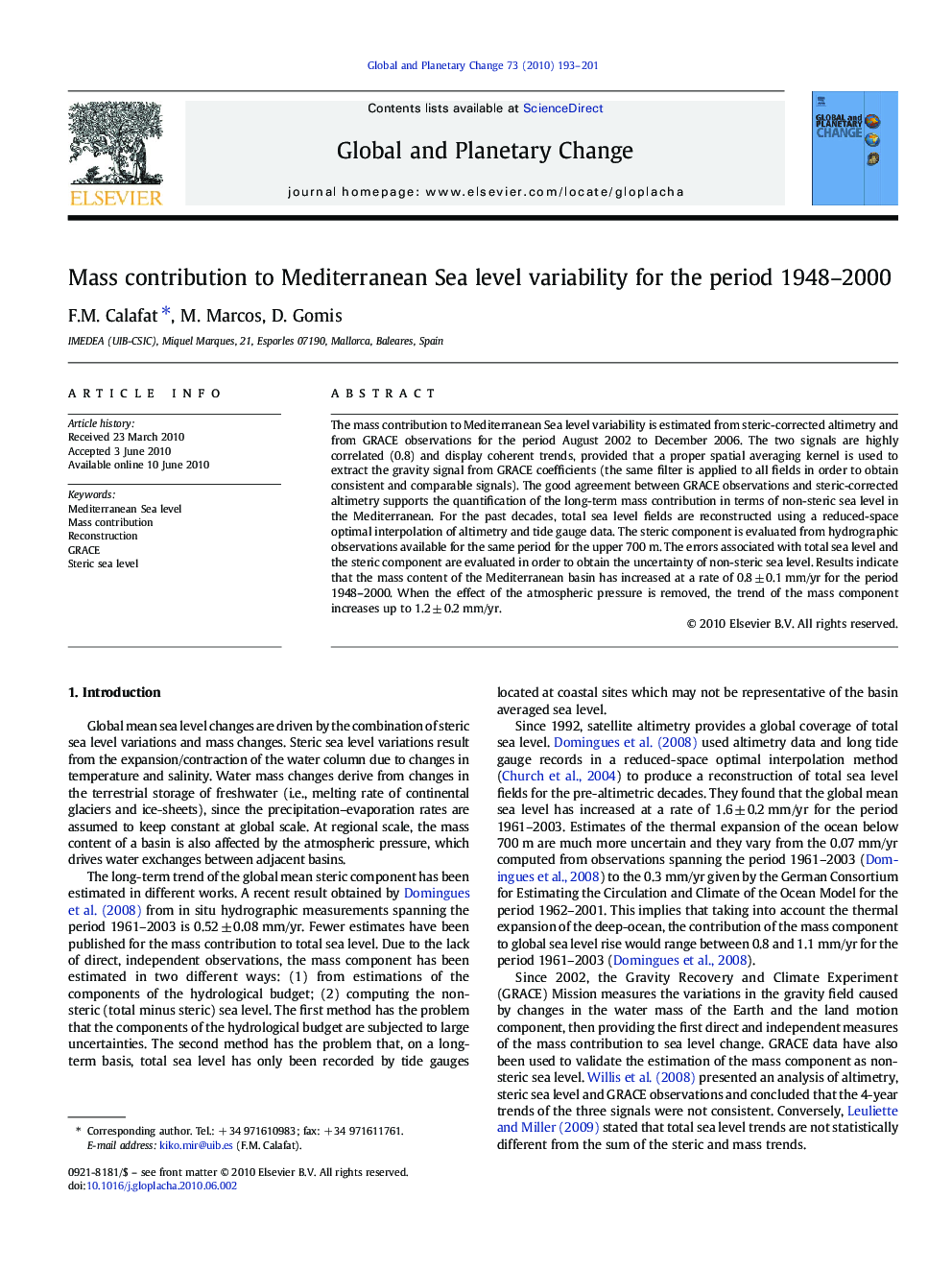 Mass contribution to Mediterranean Sea level variability for the period 1948–2000
