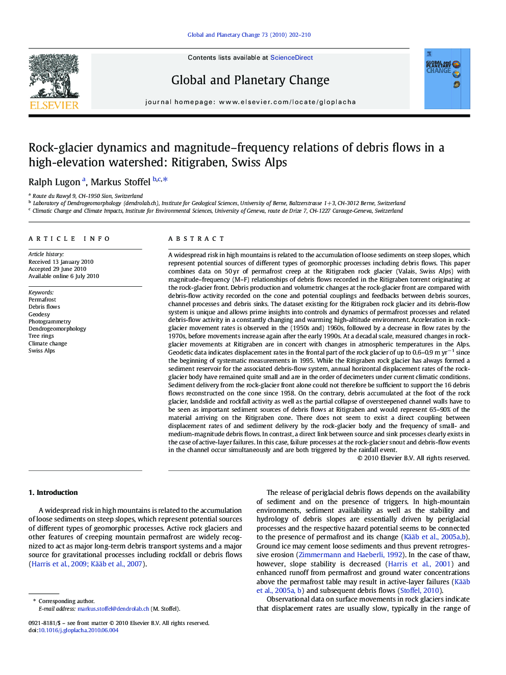 Rock-glacier dynamics and magnitude–frequency relations of debris flows in a high-elevation watershed: Ritigraben, Swiss Alps