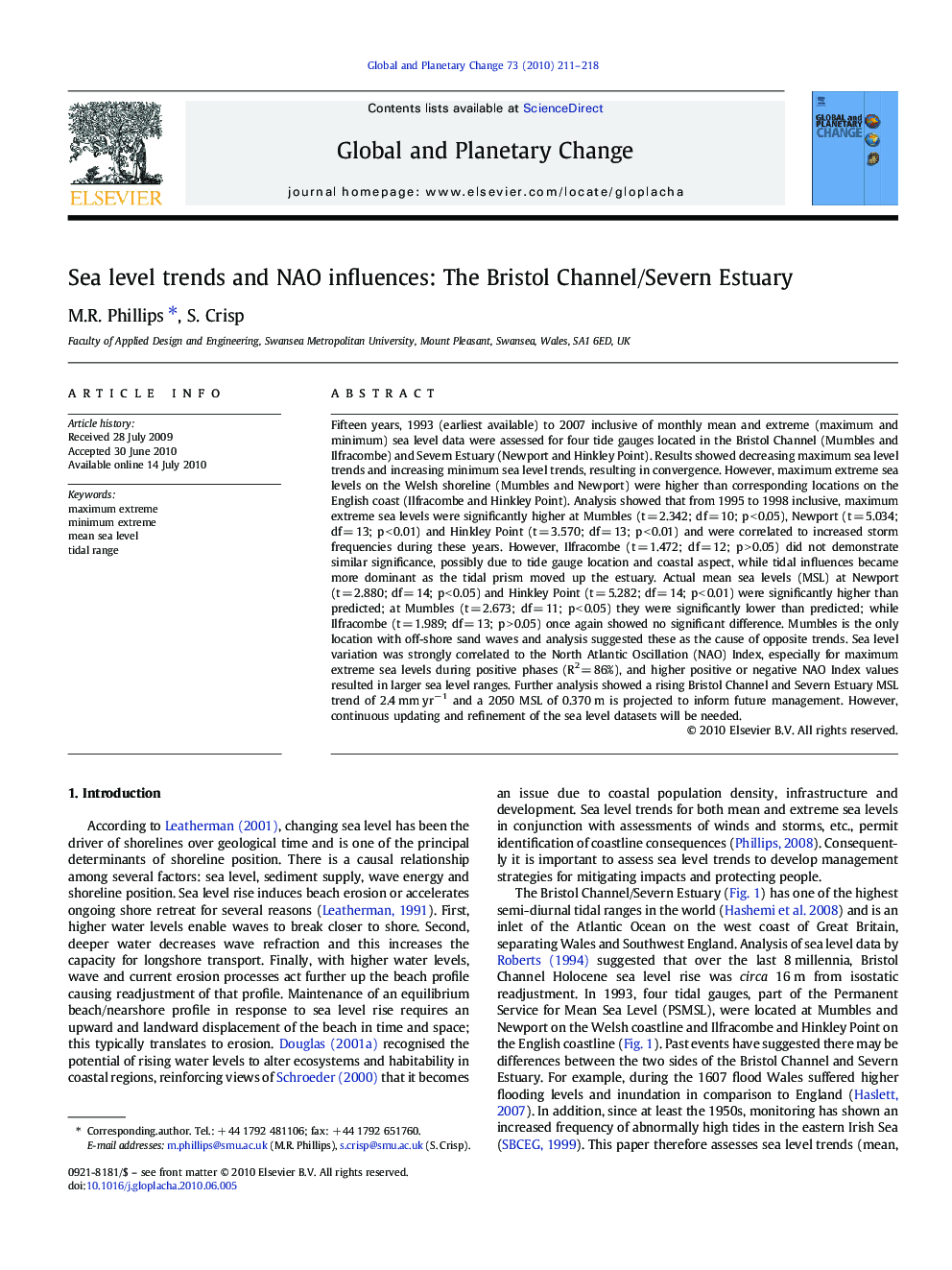 Sea level trends and NAO influences: The Bristol Channel/Severn Estuary