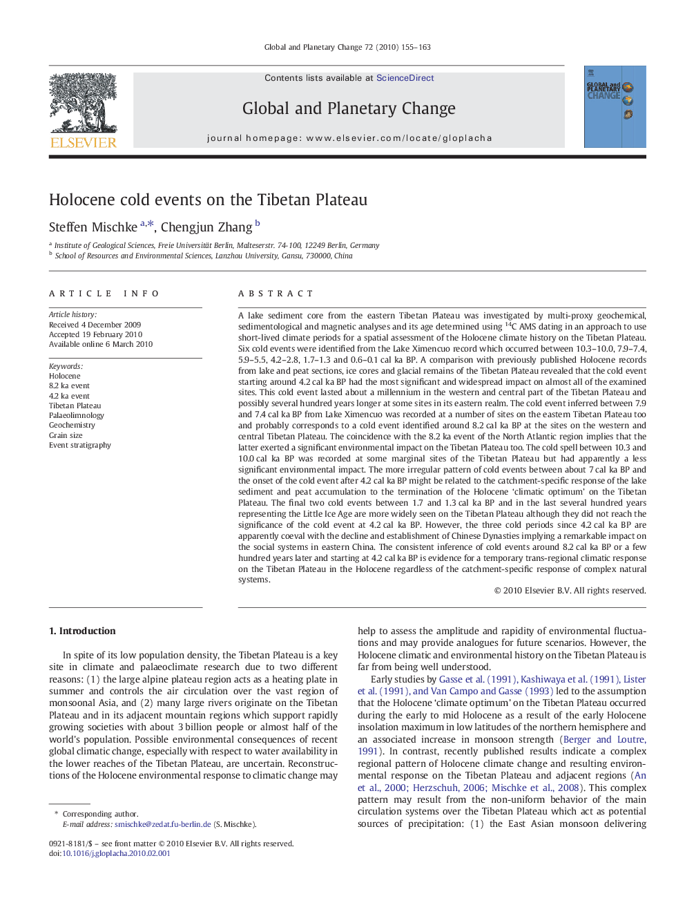 Holocene cold events on the Tibetan Plateau