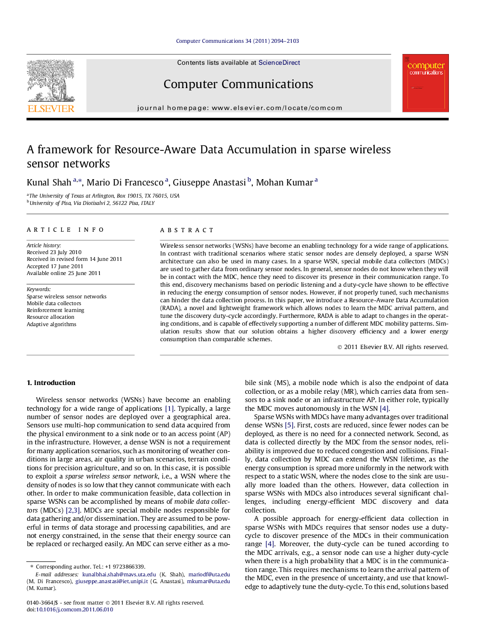 A framework for Resource-Aware Data Accumulation in sparse wireless sensor networks