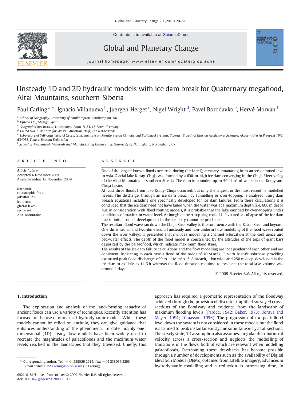 Unsteady 1D and 2D hydraulic models with ice dam break for Quaternary megaflood, Altai Mountains, southern Siberia