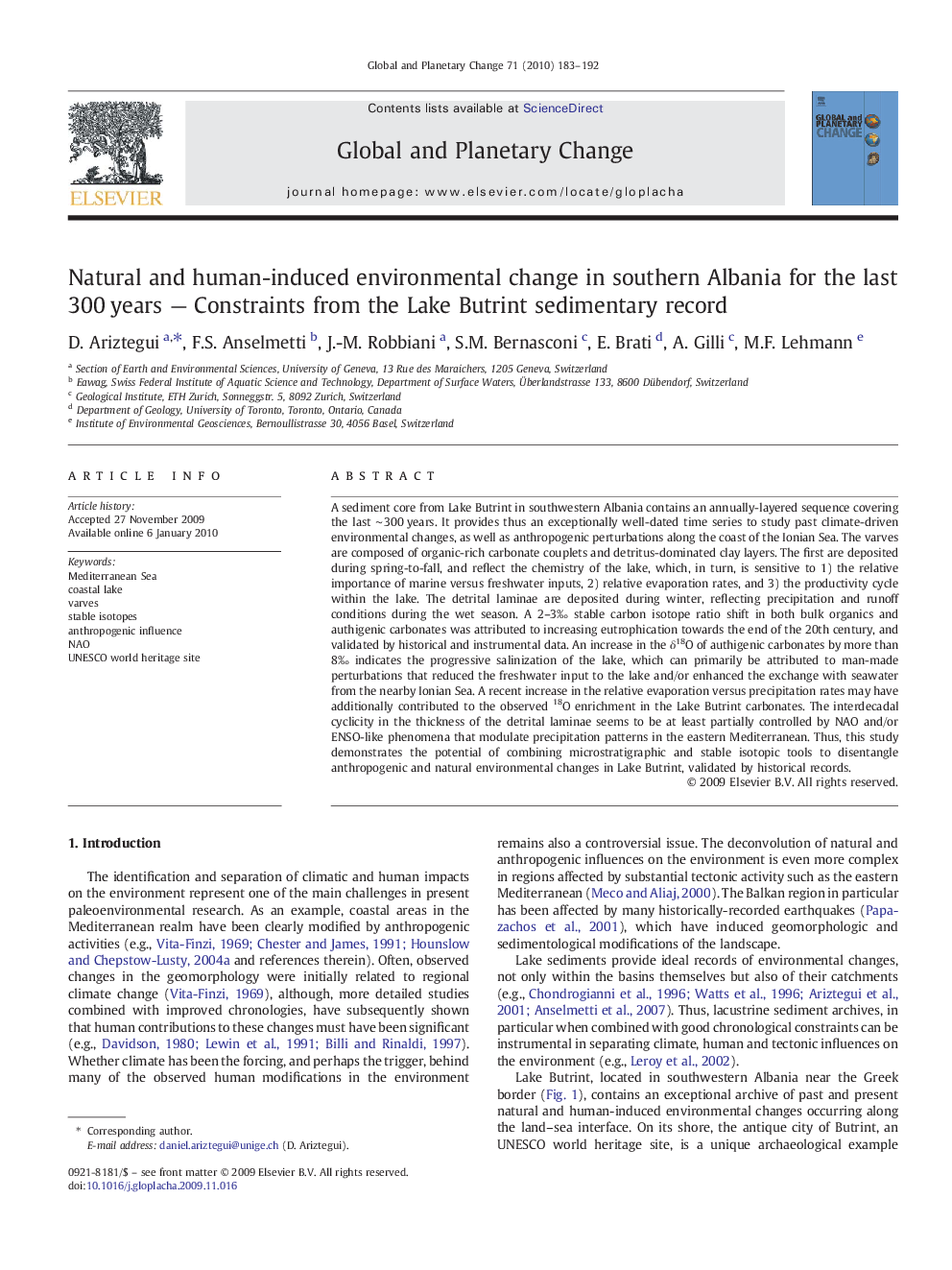 Natural and human-induced environmental change in southern Albania for the last 300 years — Constraints from the Lake Butrint sedimentary record